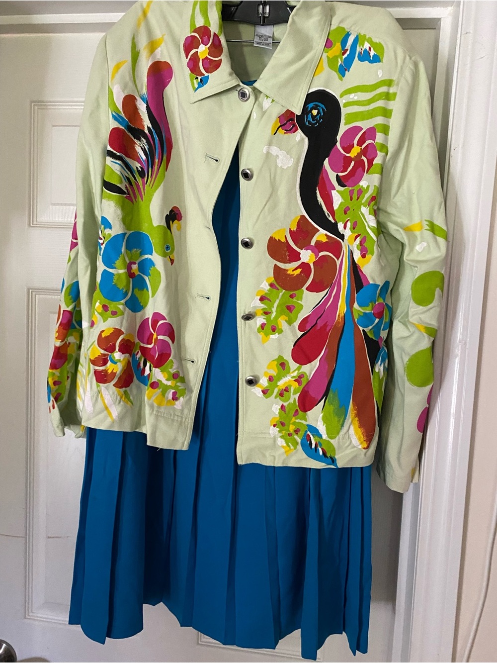 Liz Baker Light Green Painted blouse/jacket. Paired with turquoise skirt